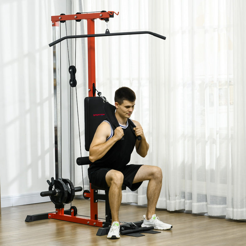 SPORTNOW Pull Up Station Power Cage with Adjustable Seat, Home Gym - Red