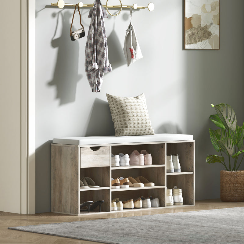 HOMCOM Shoe Storage Cabinet Bench w/ Cushion Adjustable Shelves Grey