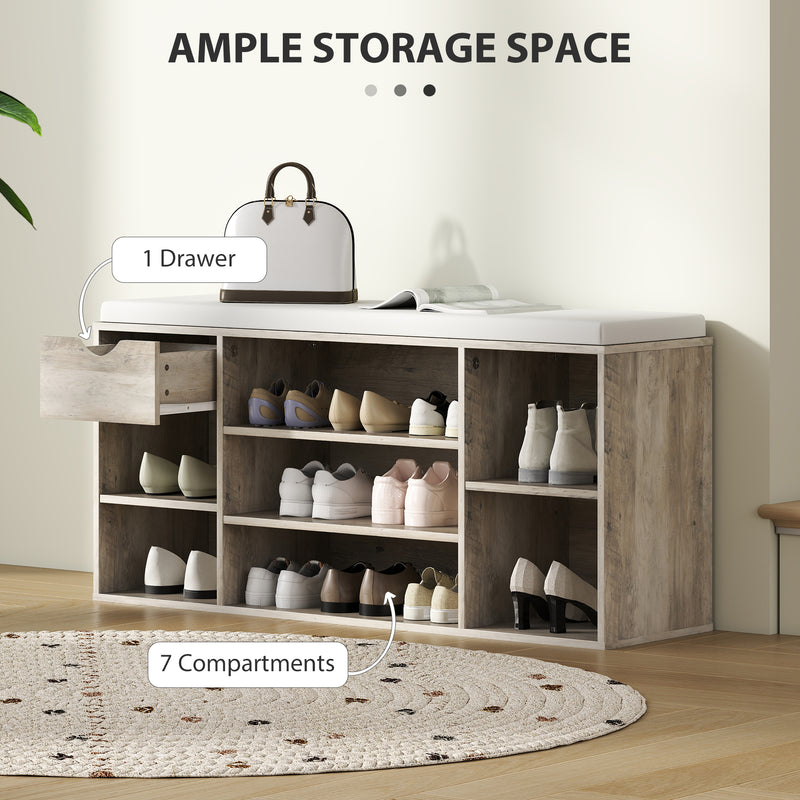 HOMCOM Shoe Storage Cabinet Bench w/ Cushion Adjustable Shelves Grey