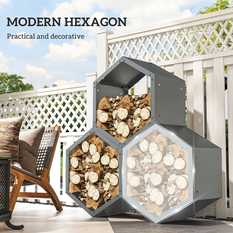 Outsunny Grey steel Firewood Log Rack Fireplace Log Holder for Indoor Outdoor