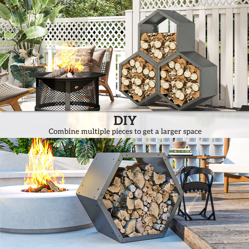 Outsunny Grey steel Firewood Log Rack Fireplace Log Holder for Indoor Outdoor
