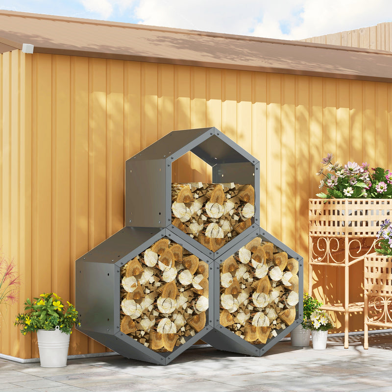 Outsunny Grey steel Firewood Log Rack Fireplace Log Holder for Indoor Outdoor
