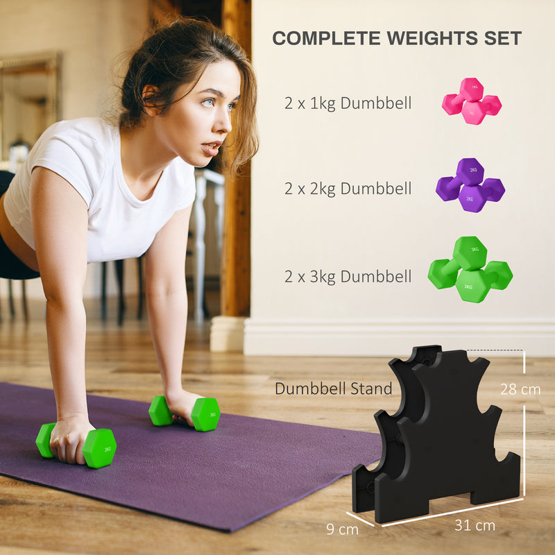 SPORTNOW Hex Dumbbells Set with Dumbbells Rack, 2 x 1kg, 2 x 2kg, 2 x 3kg