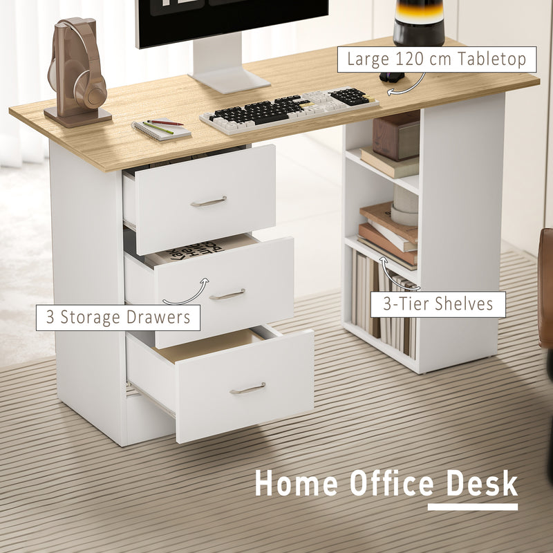 HOMCOM 120cm Computer Desk, Study Table with 3 Shelf & Drawers
