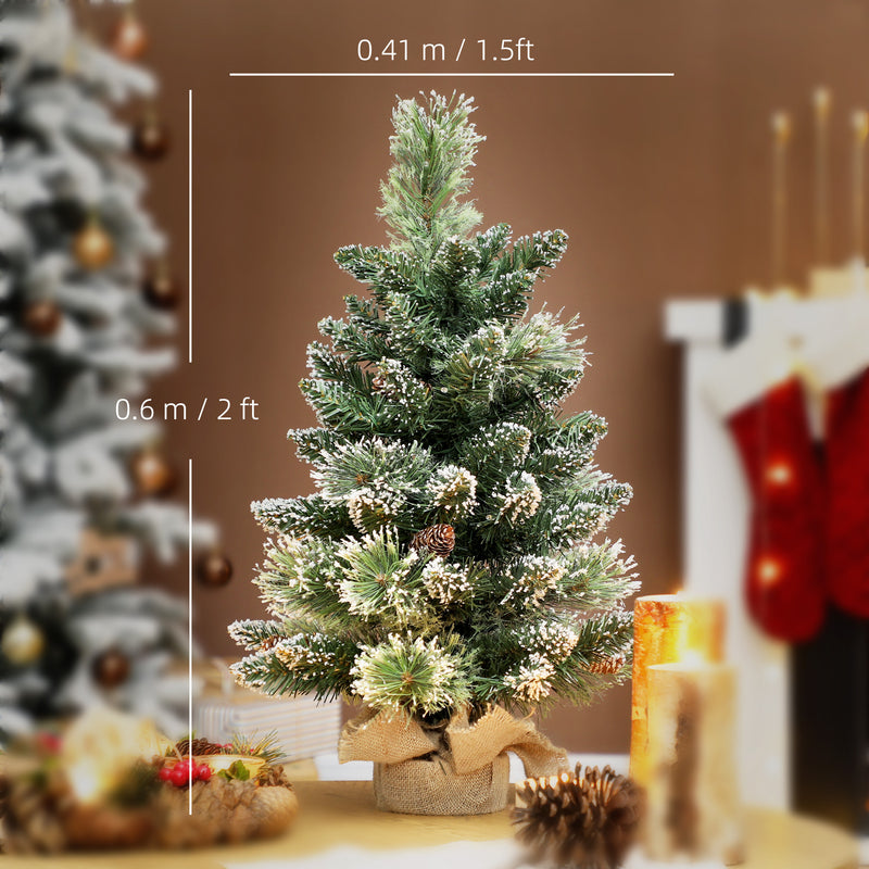 HOMCOM 60 cm Prelit Mini Tabletop Christmas Tree, Snow Flocked Xmas Tree