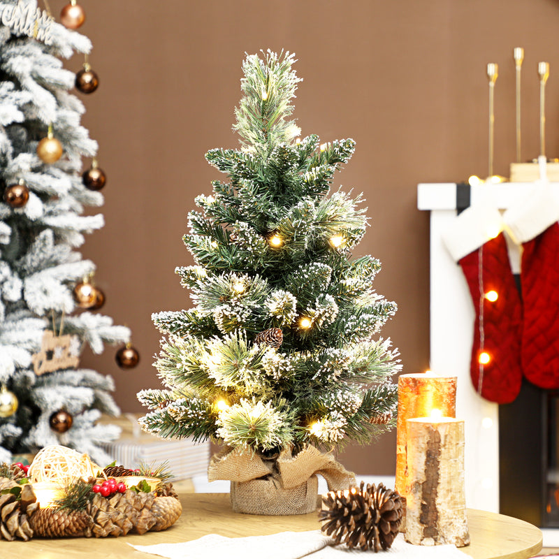 HOMCOM 60 cm Prelit Mini Tabletop Christmas Tree, Snow Flocked Xmas Tree