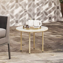 Outsunny Round Small Garden Table with Faux Marble Glass Top, Beige