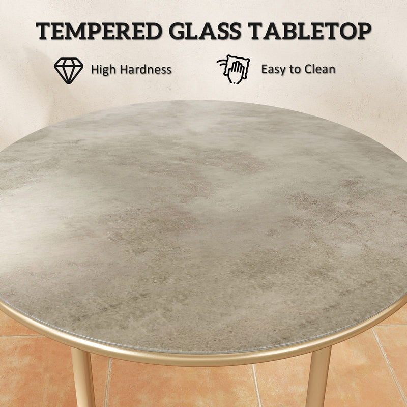 Outsunny Round Small Garden Table with Faux Marble Glass Top, Beige