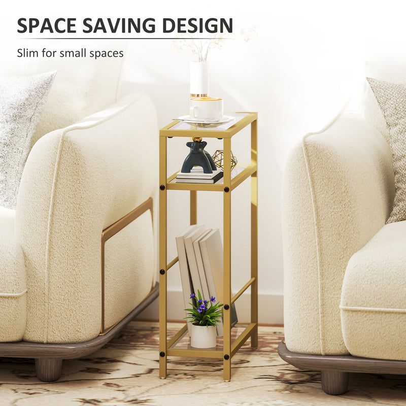 HOMCOM Slim Side Table, End Table with Tempered Glass Tabletop, Gold