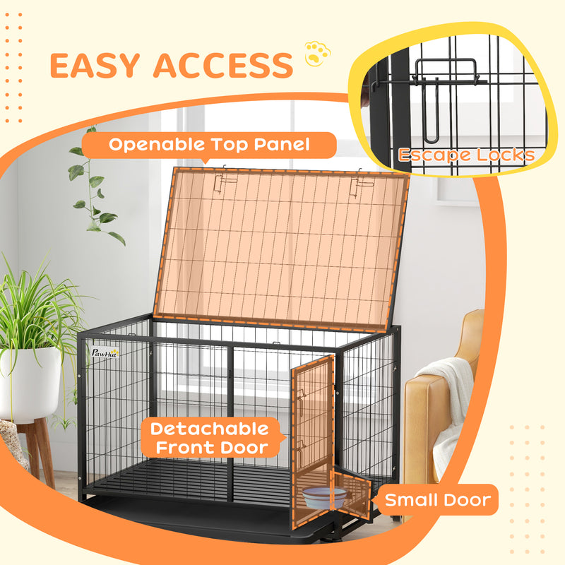 PawHut Heavy Duty Dog Crate on Wheels w/ Bowl Holder, Removable Tray