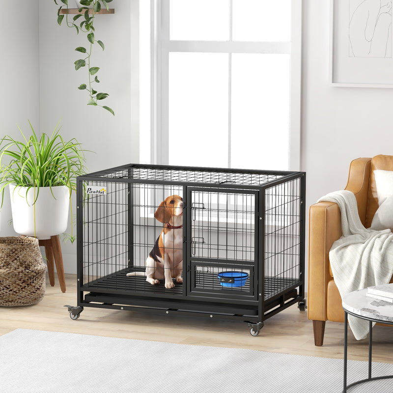 PawHut Heavy Duty Dog Crate on Wheels w/ Bowl Holder, Removable Tray