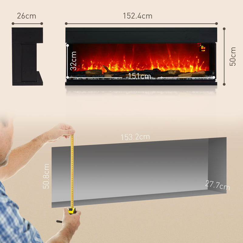 HOMCOM 152.4cm Electric Fireplace Recessed, Insert, Wall Mount, Freestanding