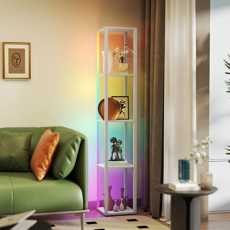HOMCOM RGB LED Floor Lamp with Shelves and Remote Control for Bedroom