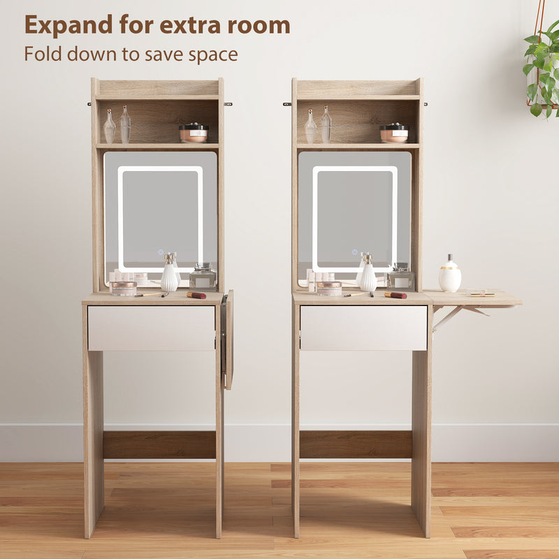 HOMCOM Compact Dressing Table with Lighted Mirror Open Shelves Natural