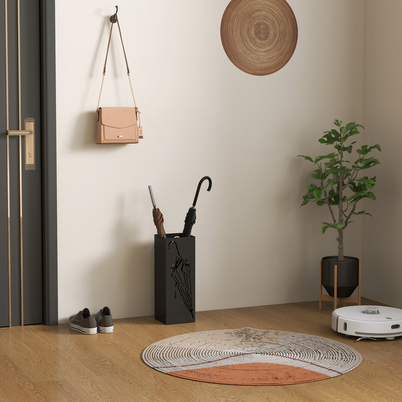 HOMCOM Square Umbrella Holder with Hooks and Water Tray for Entryway Black