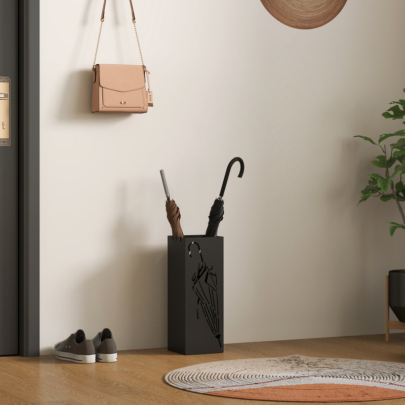 HOMCOM Square Umbrella Holder with Hooks and Water Tray for Entryway Black