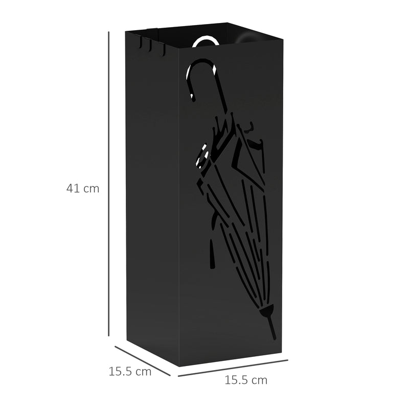 HOMCOM Square Umbrella Holder with Hooks and Water Tray for Entryway Black