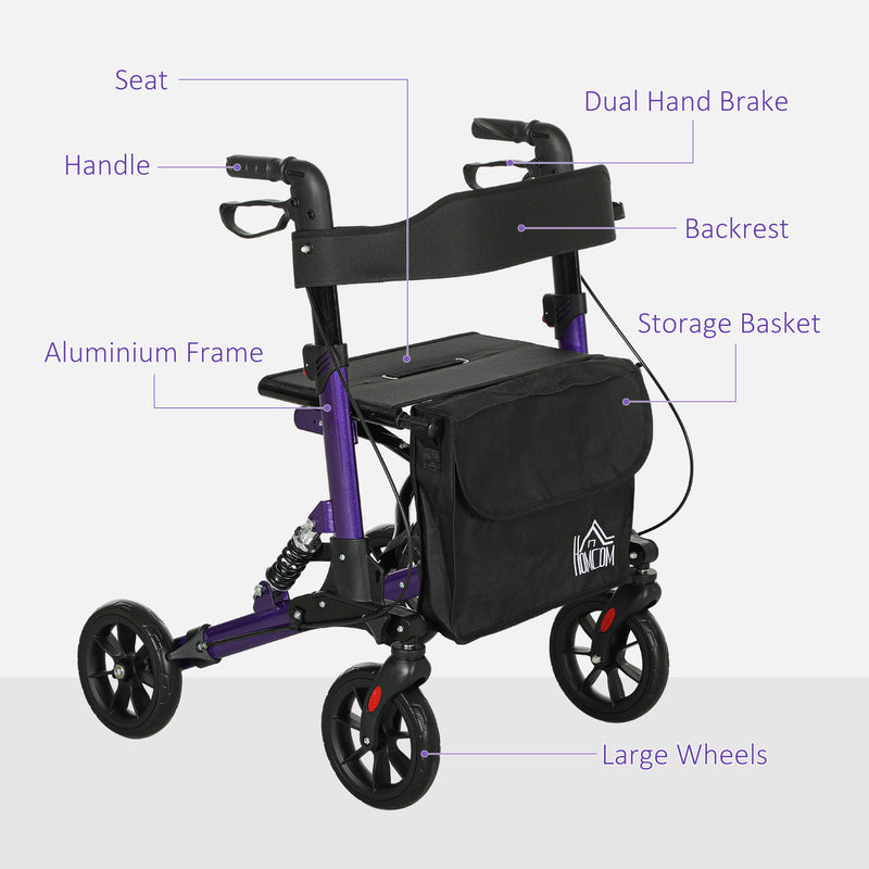 HOMCOM Folding Rollator Walker with Seat, Backrest, Bag, 4 Wheels