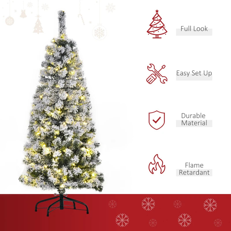 HOMCOM 4FT Prelit Artificial Snow Flocked Christmas Tree with Warm White LED Light- Green White