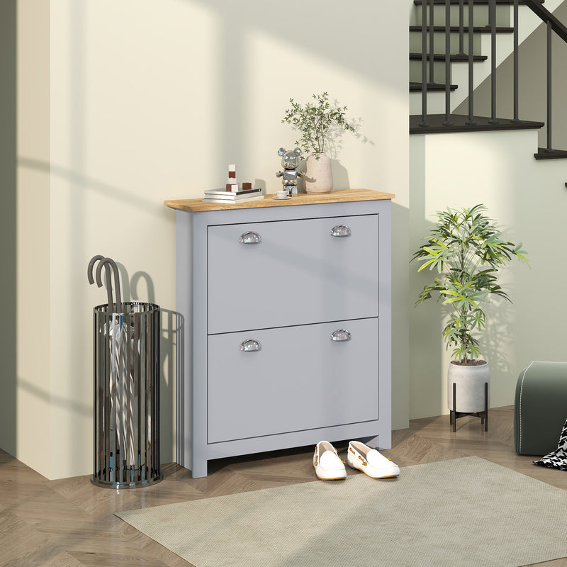 HOMCOM 2 Drawer Shoe Cabinet Narrow Shoe Cupboard with Flip Doors, Grey