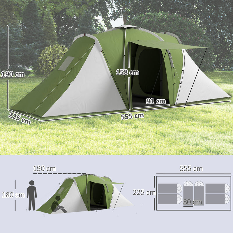 Outsunny 4-6 Man Camping Tent with 2 Bedroom and Living Area, Green, White