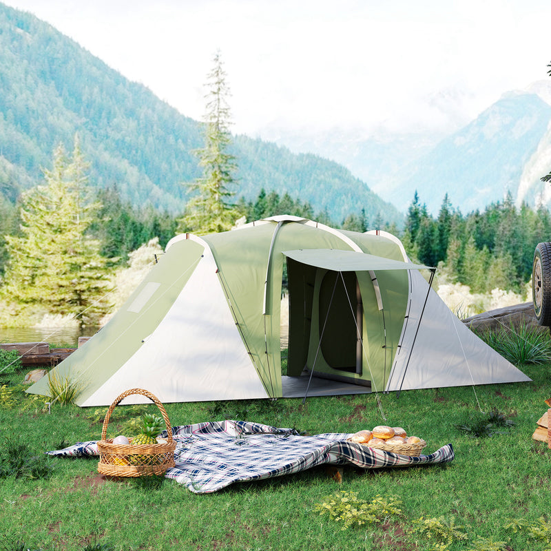 Outsunny 4-6 Man Camping Tent with 2 Bedroom and Living Area, Green, White