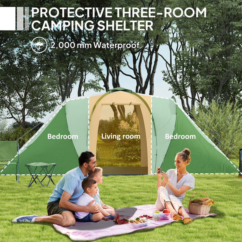Outsunny 4-6 Man Camping Tent with 2 Bedroom and Living Area, Green, White