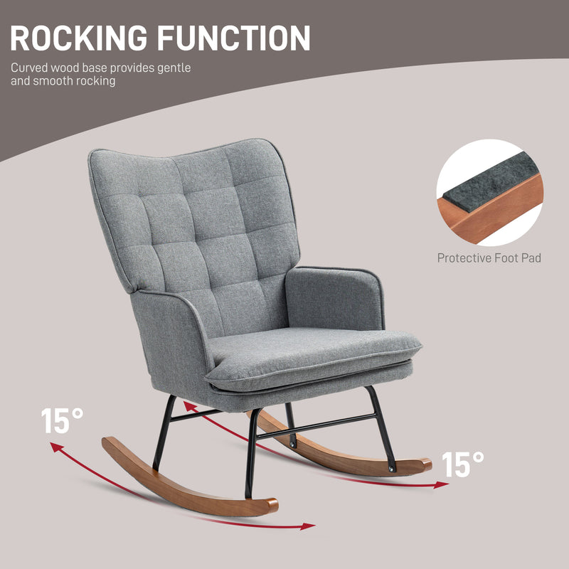 HOMCOM Rocking Chair With Footstool Fabric Wingback Chair For Bedroom Grey