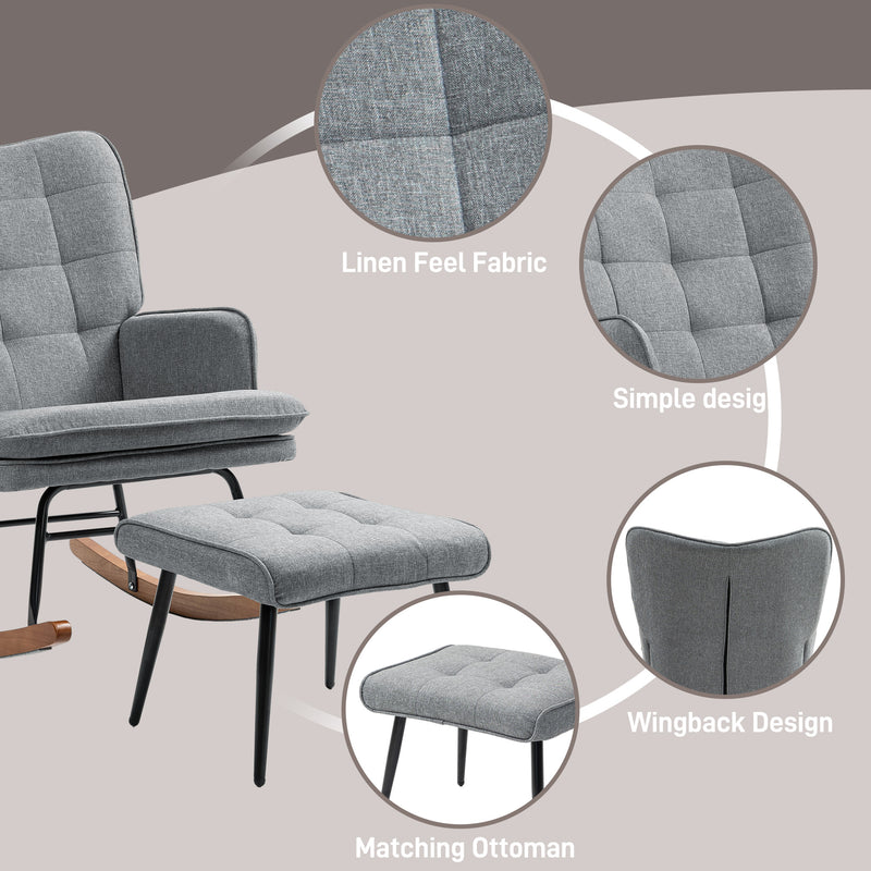 HOMCOM Rocking Chair With Footstool Fabric Wingback Chair For Bedroom Grey