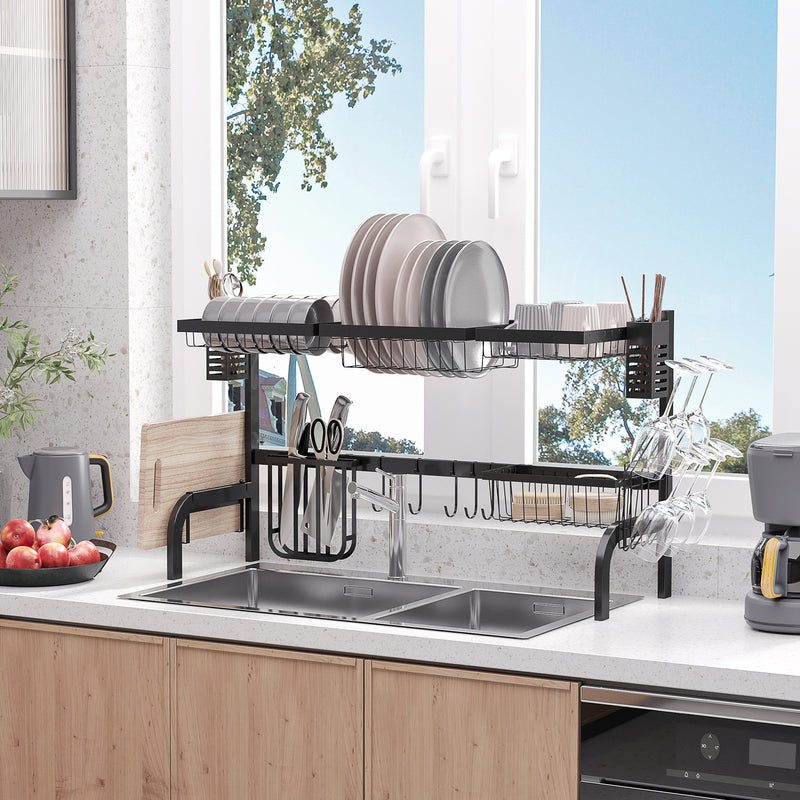 HOMCOM 100cm Over The Sink Dish Drainer Rack, 2 Tier Dish Rack for Kitchen, Black