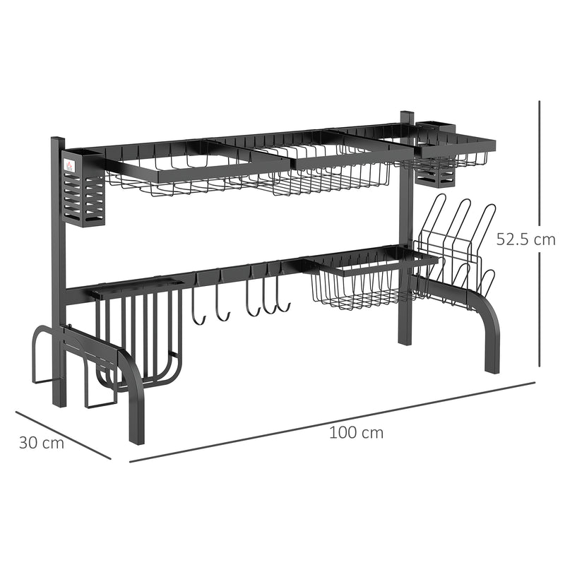 HOMCOM 100cm Over The Sink Dish Drainer Rack, 2 Tier Dish Rack for Kitchen, Black
