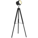 HOMCOM Industrial Tripod Floor Lamp Wood Height Adjustable Spotlight, Black