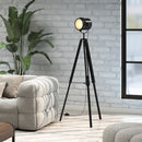 HOMCOM Industrial Tripod Floor Lamp Wood Height Adjustable Spotlight, Black