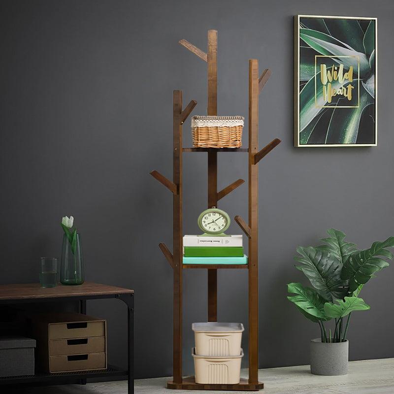 Livingandhome Wooden Coat Rack Stand with 3 Shelves for Entryway
