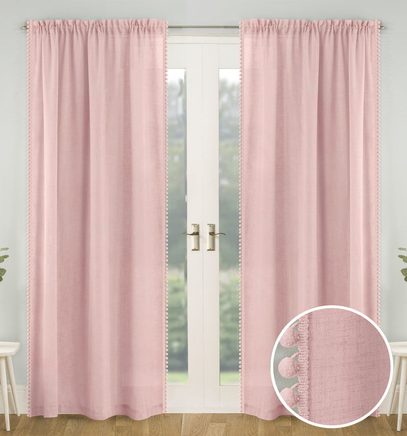 Pair of Tahiti Blush Pom-Pom Trim Linen Look Voile Panels with Rod Pocket Header 137 CMS