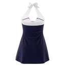 Tummy Control One-Piece Swimsuit Swim Dress Navy Blue & Red Stripe