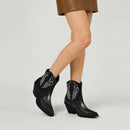 Embroidered Pointed Toe Cowboy Ankle Boots With Block Heel - Black
