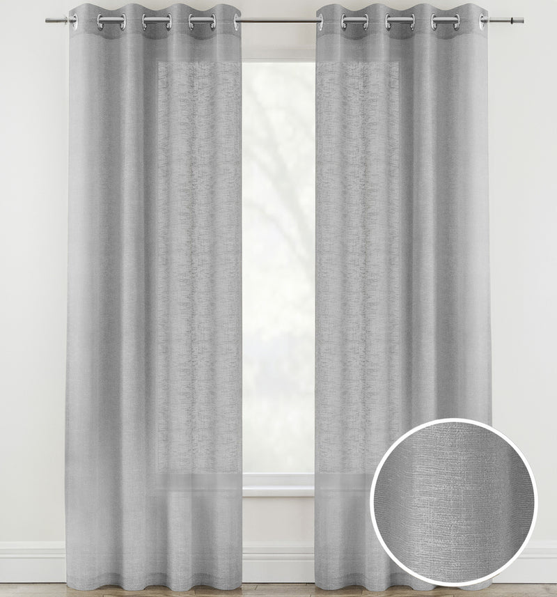 Pair of Crete Silver Luxury Linen Look Sheer Panels with Eyelet Header
