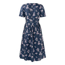 Floral Print V-Neck Short Sleeve Summer Midi Dress With Pockets