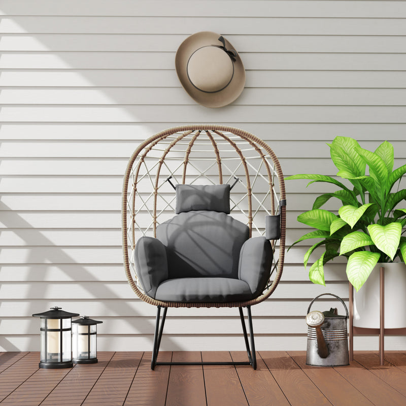 Outsunny Rattan Garden Egg Chair With Thickened Cushion, Headrest, Grey
