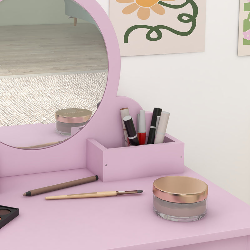 ZONEKIZ Kids Dressing Table, Cat Design w/ Mirror, Stool, Drawer, Storage Box