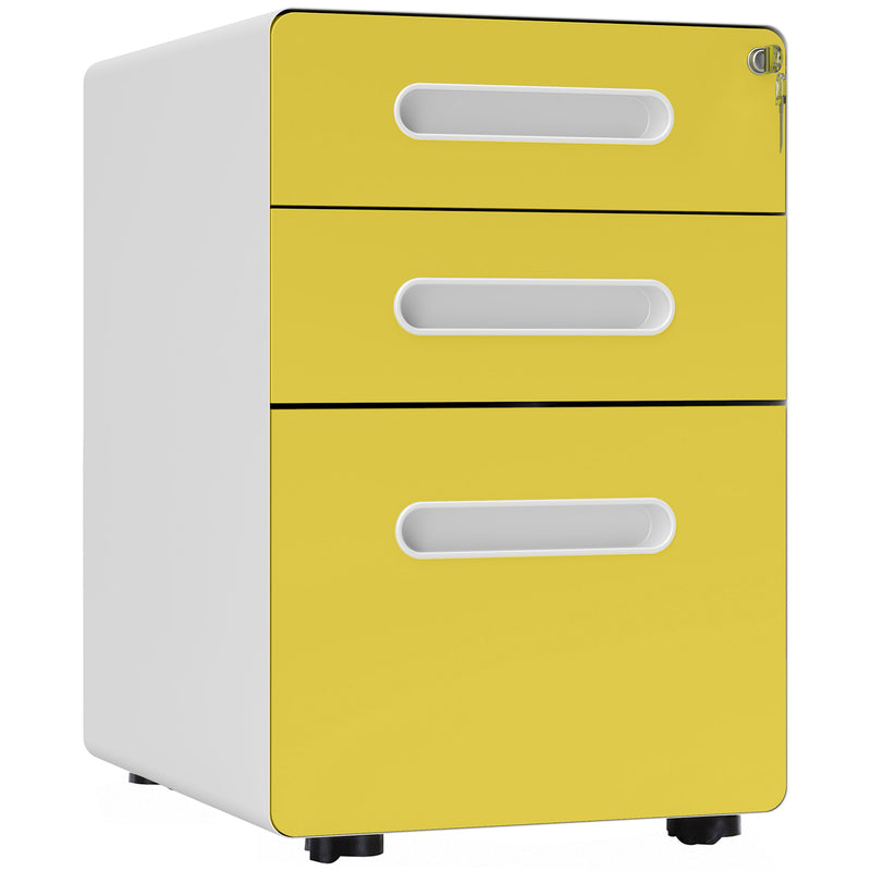 3 Drawer Modern Steel Filing Cabinet W/ 4 Wheels Lock Pencil Box Office Yellow
