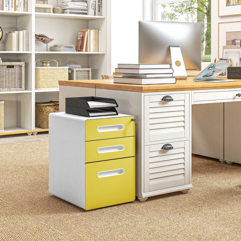 3 Drawer Modern Steel Filing Cabinet W/ 4 Wheels Lock Pencil Box Office Yellow