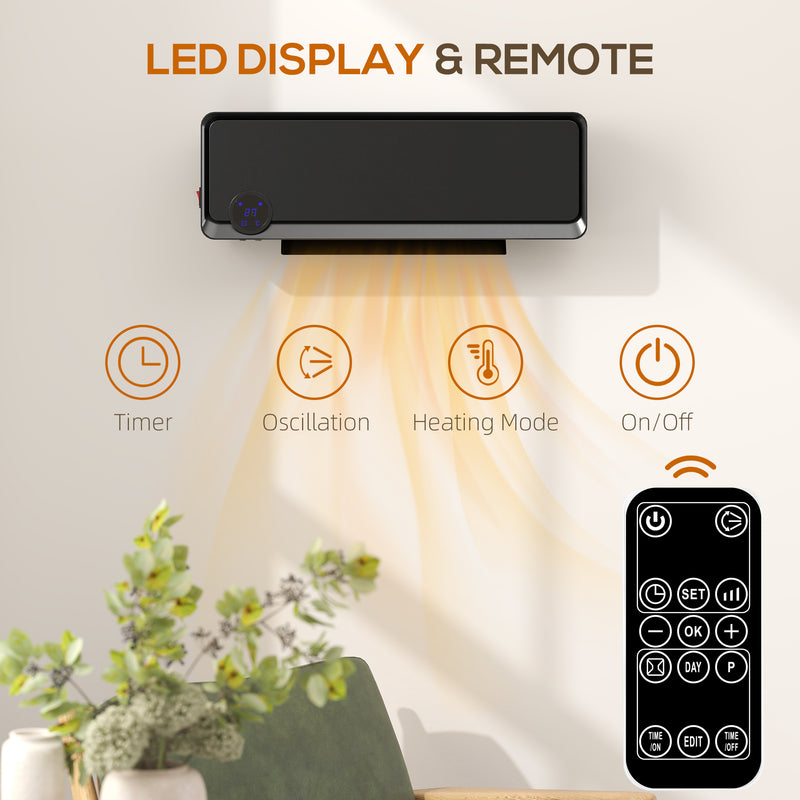 HOMCOM 1000W/2000W Wall Downflow Heater 10-49Â°C Temperature w/ Timer, Black