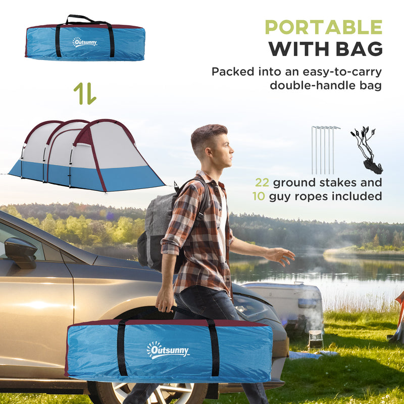 Outsunny 2-3 Man Camping Tunnel Tent with Bedroom and Living Room, Red