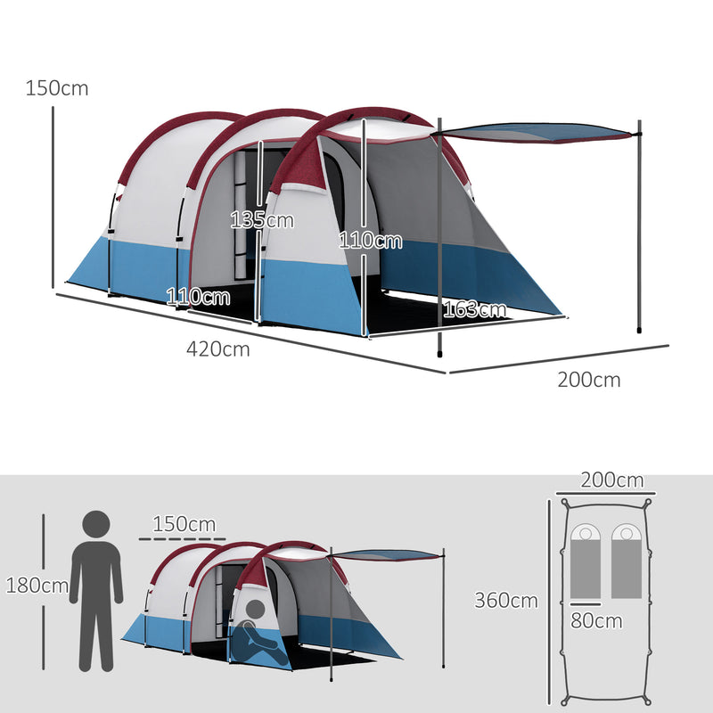 Outsunny 2-3 Man Camping Tunnel Tent with Bedroom and Living Room, Red