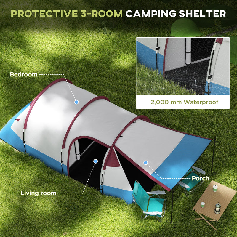Outsunny 2-3 Man Camping Tunnel Tent with Bedroom and Living Room, Red