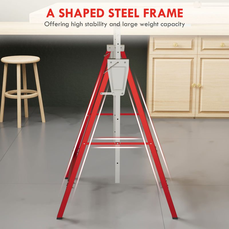 HOMCOM Set Of 2 Steel Saw Horses Telescopic Builders Work Bench Folding Red