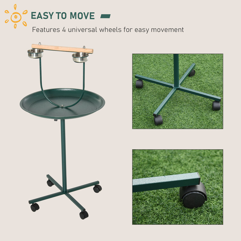 PawHut Bird Perch Stand, T-Stand Bird Training with Perch, Wheels, Bowls, Green