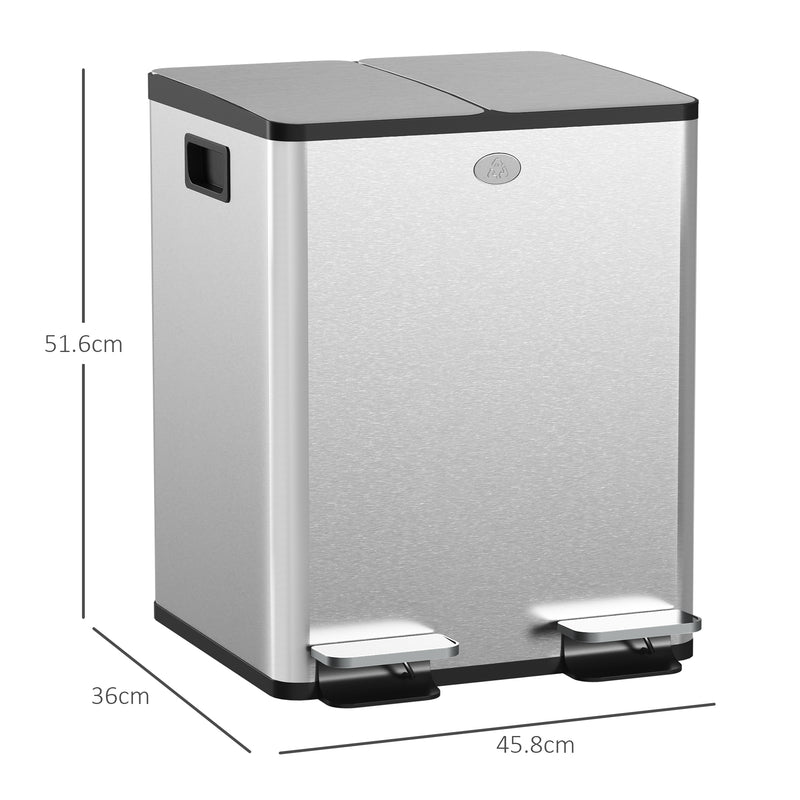 HOMCOM 2 x 20L Dual Kitchen Bin Pedal Bin for Recycling and Waste